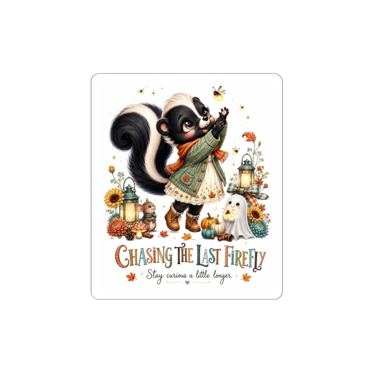 Chasing the Last Firefly Cute Skunk Sticker — Fall Woodland Kiss-Cut Sticker